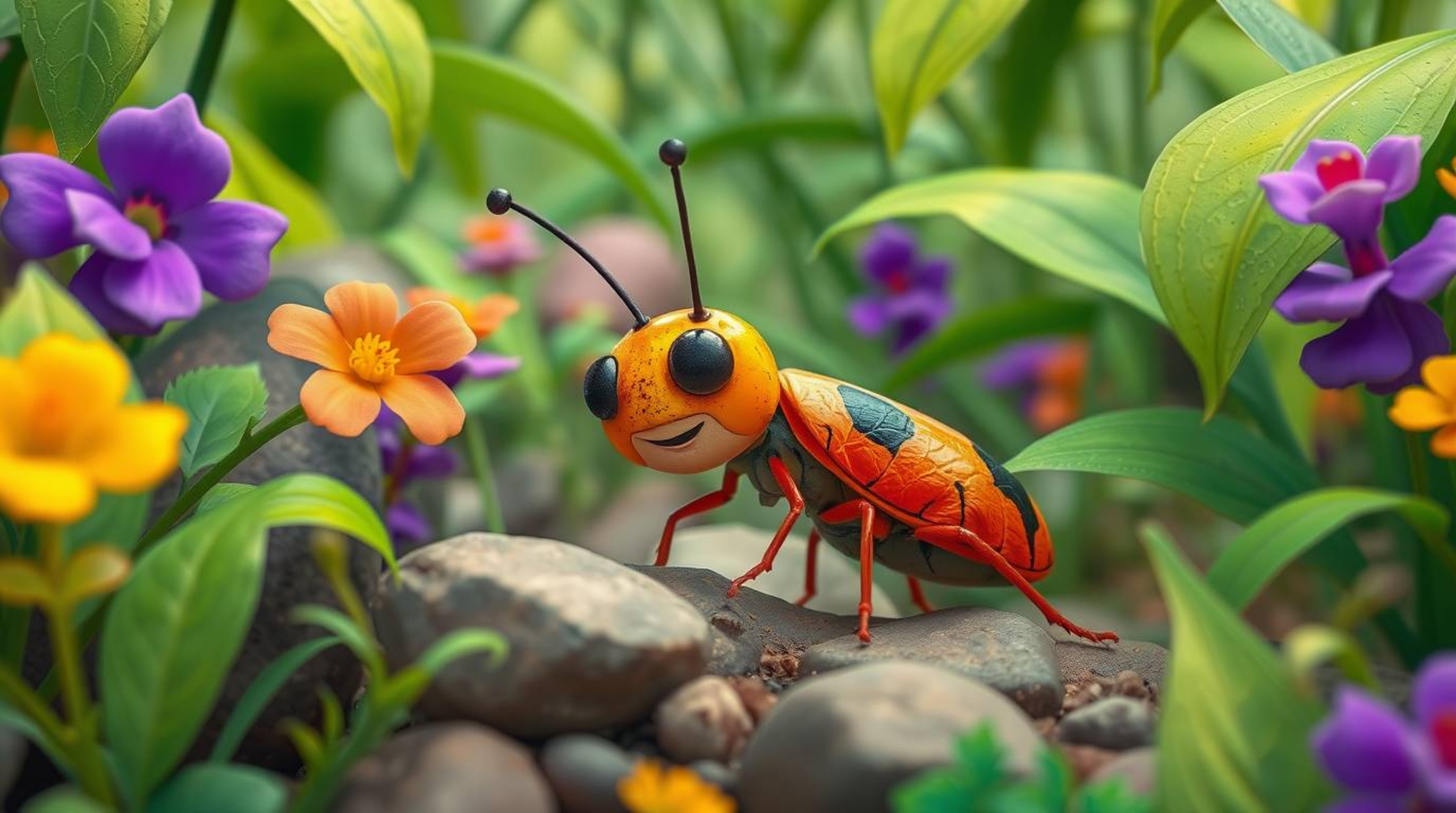 Explore a vibrant and captivating backyard jungle through the eyes of a bug-sized hero. This scene is brought to life with vi