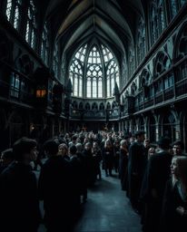 Experience the enchantment of a magical school through precise architectural color photography. Witness young wizards in a hi