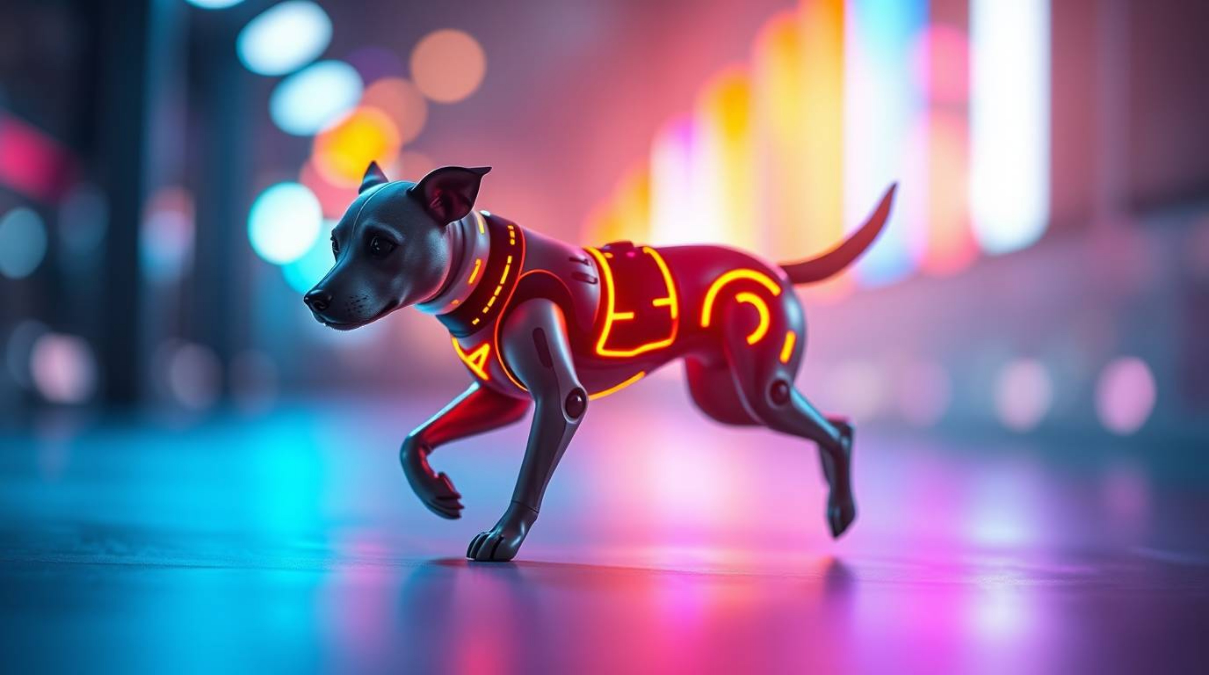 Experience the captivating scene of a futuristic dog confidently walking itself in the vast expanse of space. The image showc