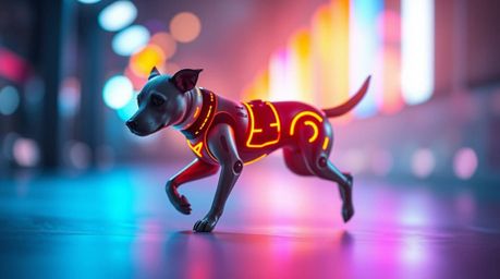 Experience the captivating scene of a futuristic dog confidently walking itself in the vast expanse of space. The image showc