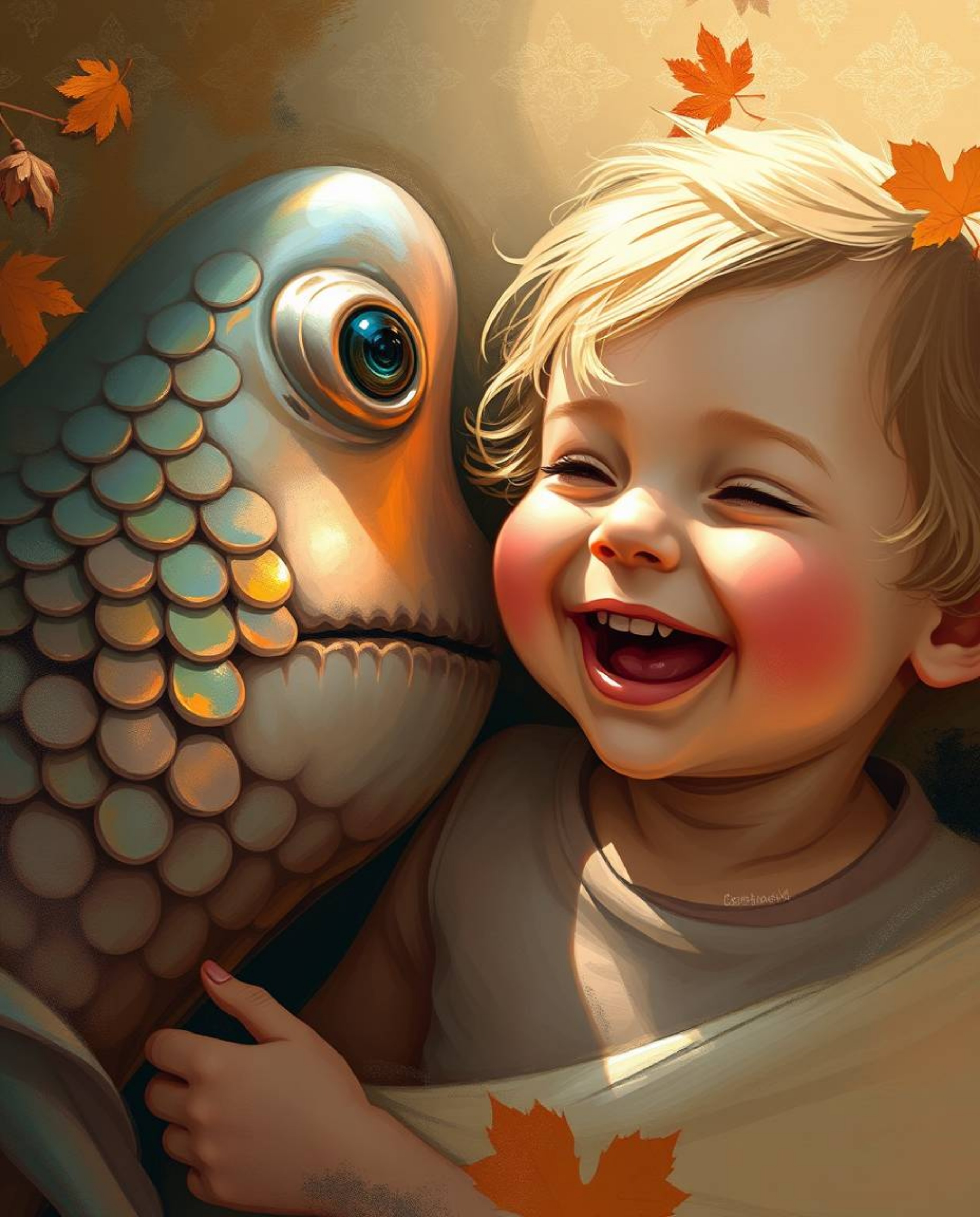 A heartwarming digital painting captures the unlikely friendship between a sea creature with dazzling iridescent scales and a