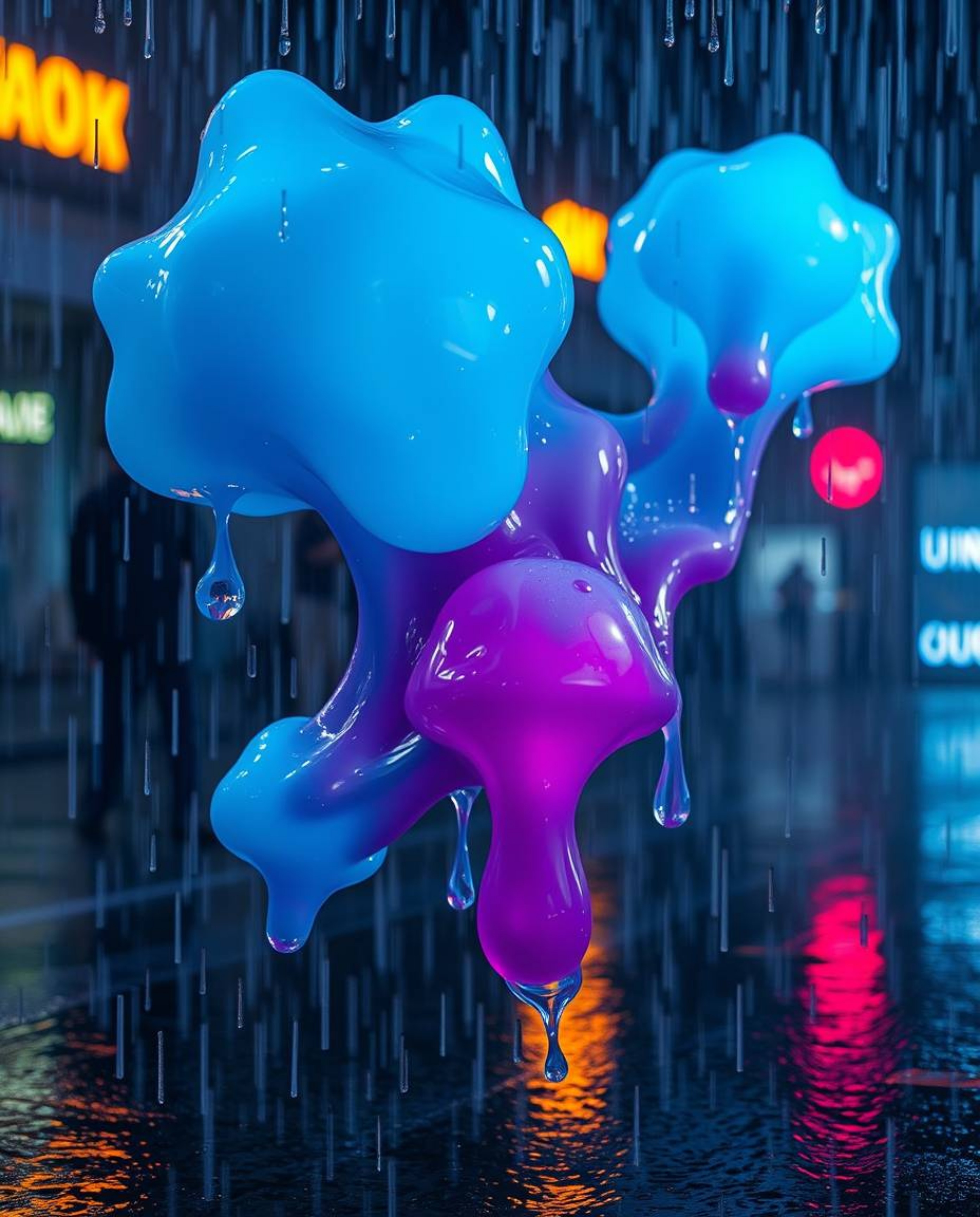 Immerse yourself in an eerie and creepy wet rainy scene featuring floating 3D blobs of fluid jelly. This visually striking ar