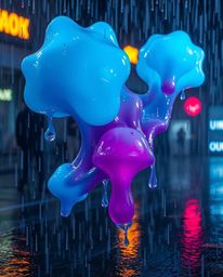 Immerse yourself in an eerie and creepy wet rainy scene featuring floating 3D blobs of fluid jelly. This visually striking ar