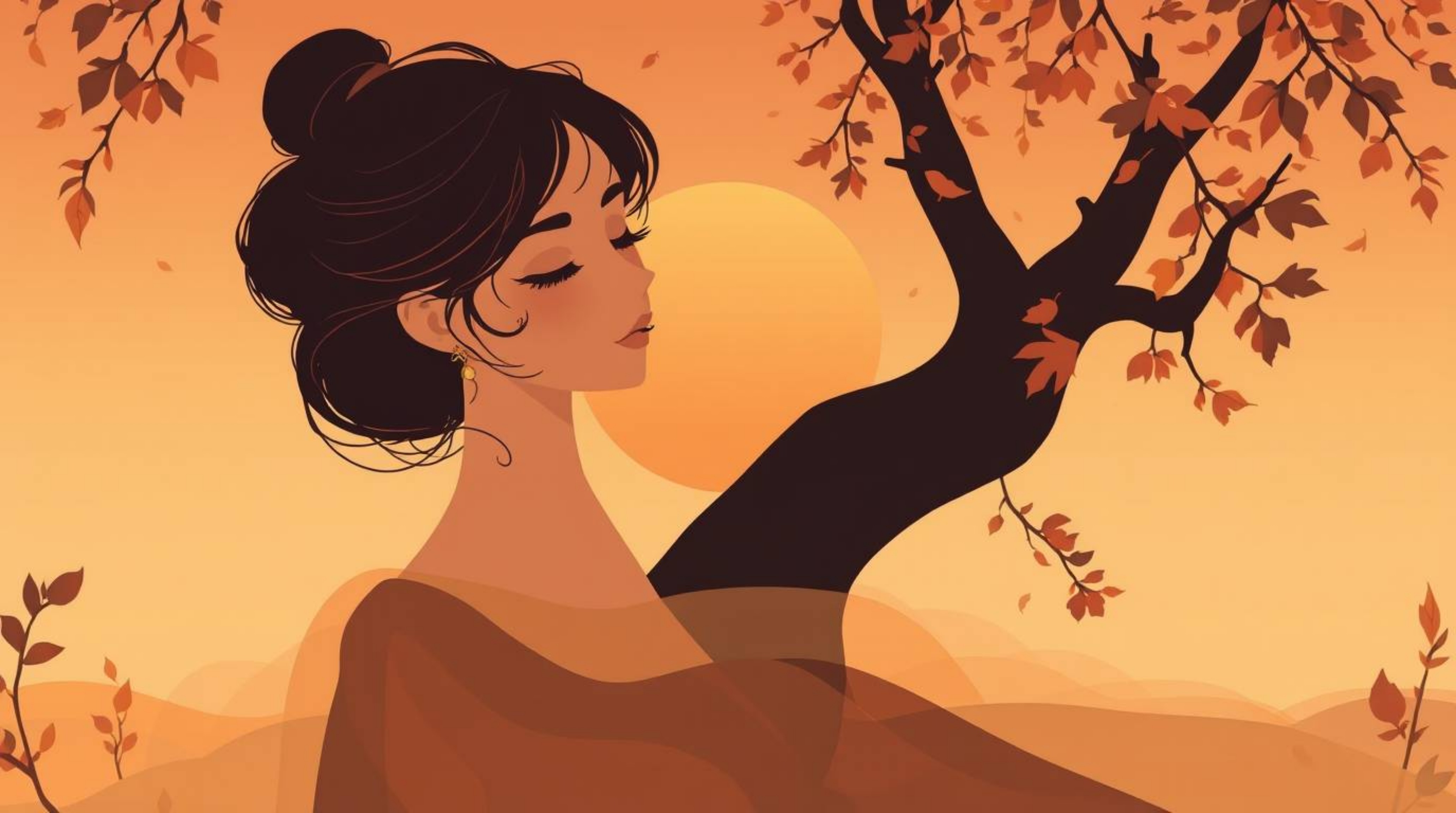A graceful and elegant illustration featuring warm autumn colors and a sunset gradient texture.  The soft, dreamy effect crea