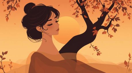 A graceful and elegant illustration featuring warm autumn colors and a sunset gradient texture.  The soft, dreamy effect crea