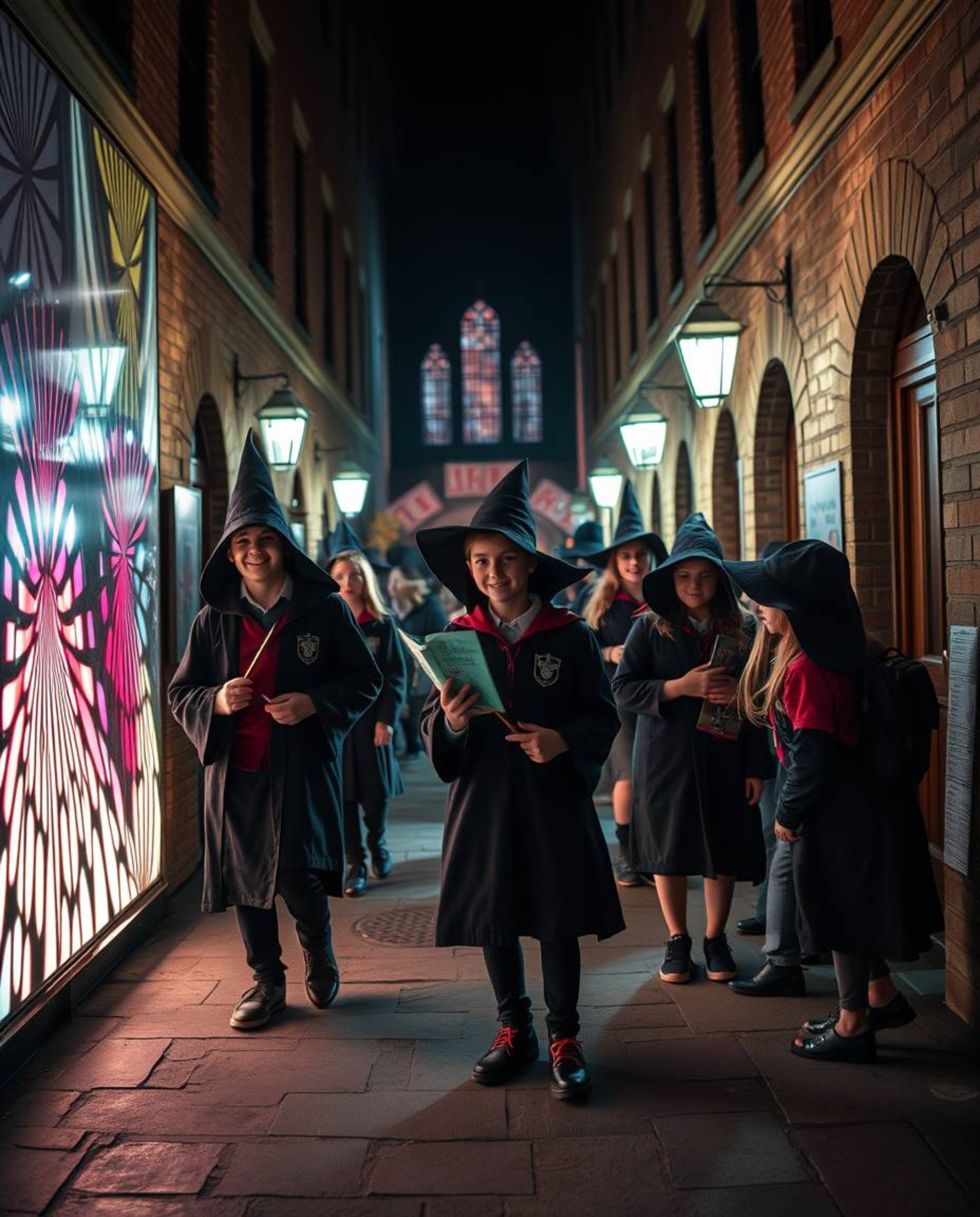 Capture the enchanting essence of a magical school brimming with young wizards through the lens of candid street photography.