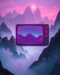 Immerse yourself in an epic, modern future landscape featuring a retro-style TV screen displaying a mesmerizing RGB separatio
