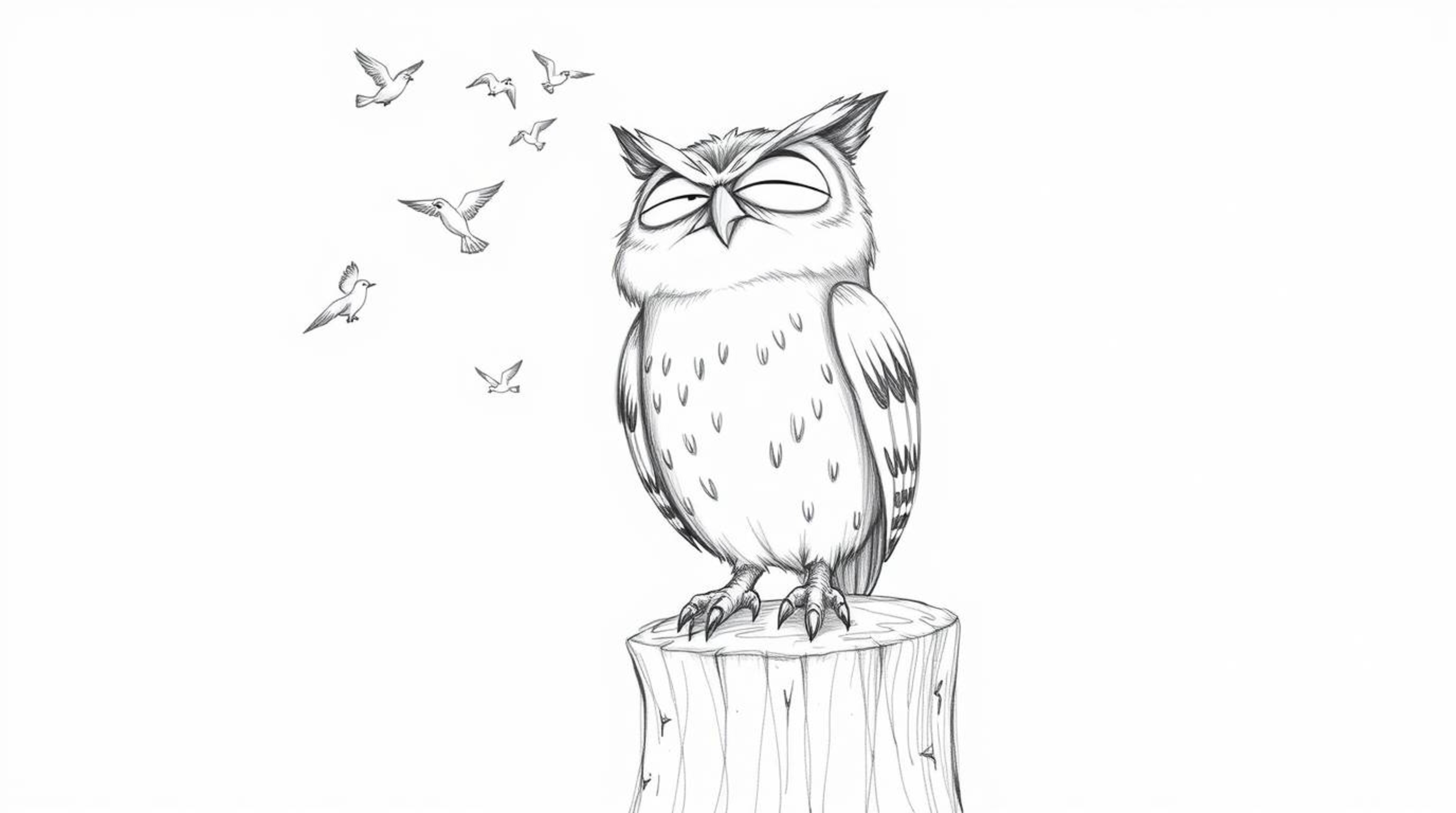 A charming hand-drawn pencil sketch in the style of Pixar depicts a blind owl with expressive, slightly wrinkled features joy