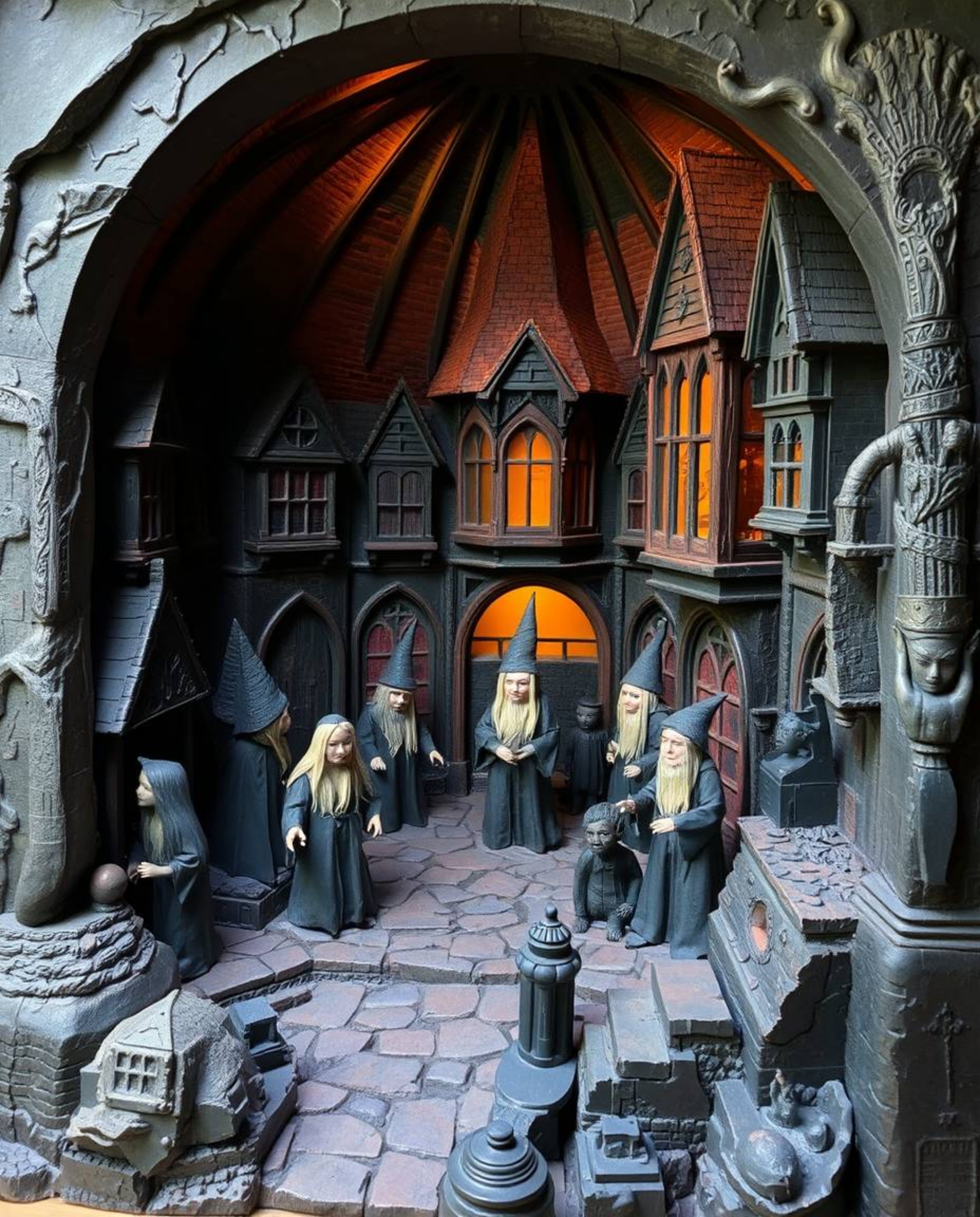 Explore a unique and captivating magical school crafted from layered papier-mâché, bathed in dark tones, and radiating an eer