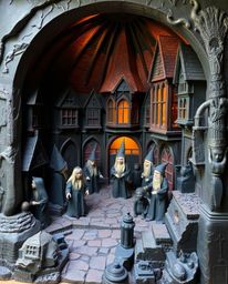 Explore a unique and captivating magical school crafted from layered papier-mâché, bathed in dark tones, and radiating an eer