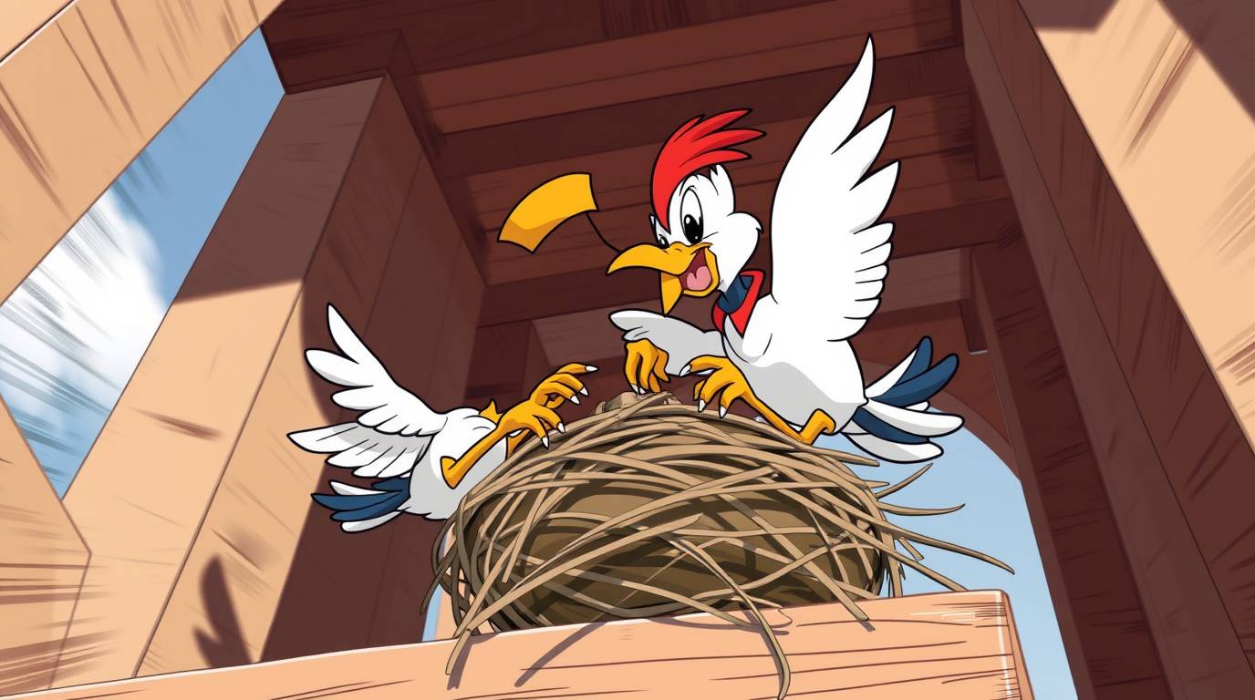 A vibrant architectural color photograph showcases two cartoon birds, rendered in a classic animation style, diligently const