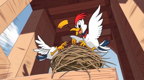A vibrant architectural color photograph showcases two cartoon birds, rendered in a classic animation style, diligently const