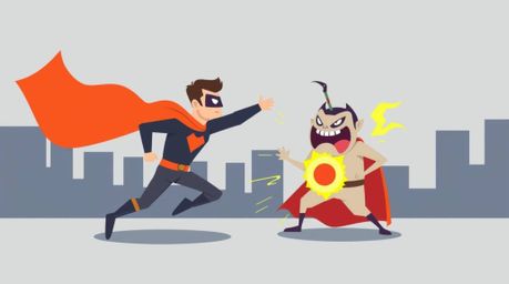 A modern flat design illustration depicting a superhero with a flowing cape engaged in a comical battle against a silly villa