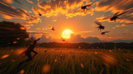 A dreamlike, surreal sunset paints the sky over a tranquil meadow.  Fireflies dance in motion, their light blurring into fant