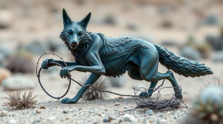 A cast bronze coyote dynamically setting a ridiculous trap in the desert, captured with blurred motion lines and action poses