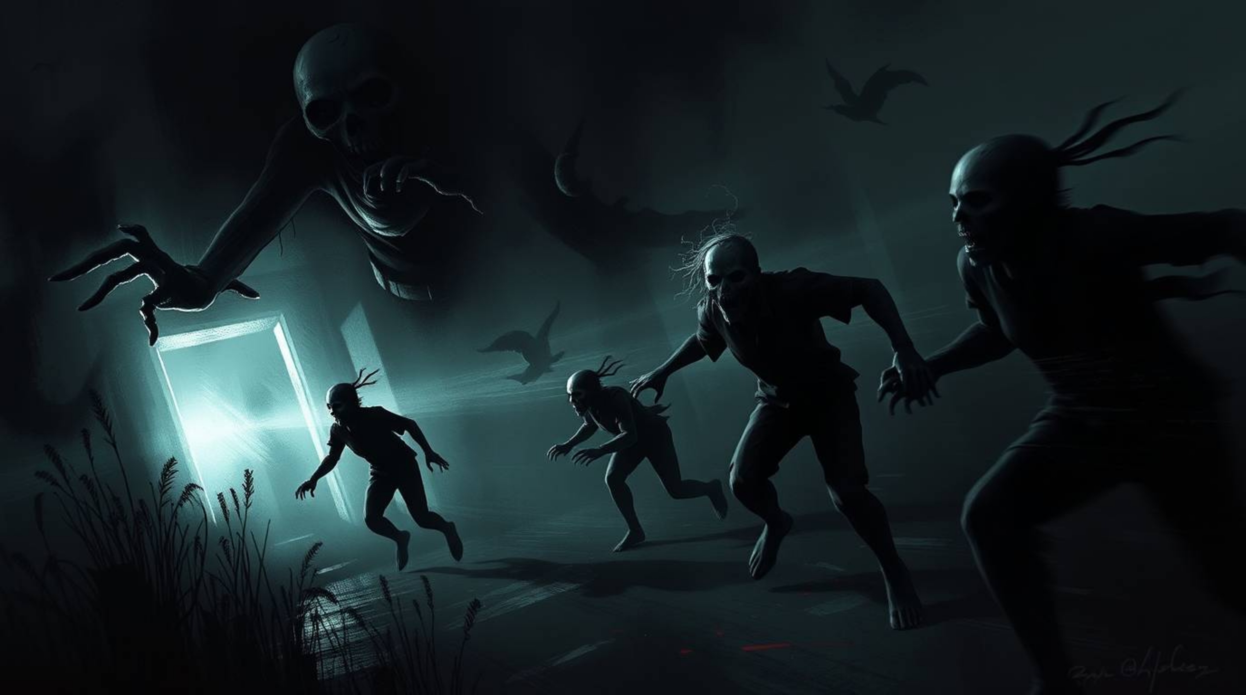 Explore a surreal digital painting showcasing a creepy chase scene, masterfully rendered with exaggerated squash and stretch 