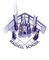 This captivating logo design showcases a high-angle perspective of a magical school brimming with young wizards.  The design 