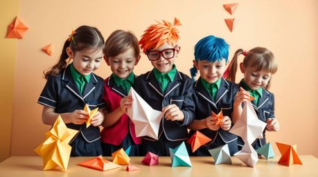 Immerse yourself in a world of bright and vibrant colors with intricate origami style, featuring a group of quirky kids in sc