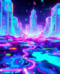 Immerse yourself in a captivating digital glitch landscape filled with glowing bioluminescent colors. The scene features mesm