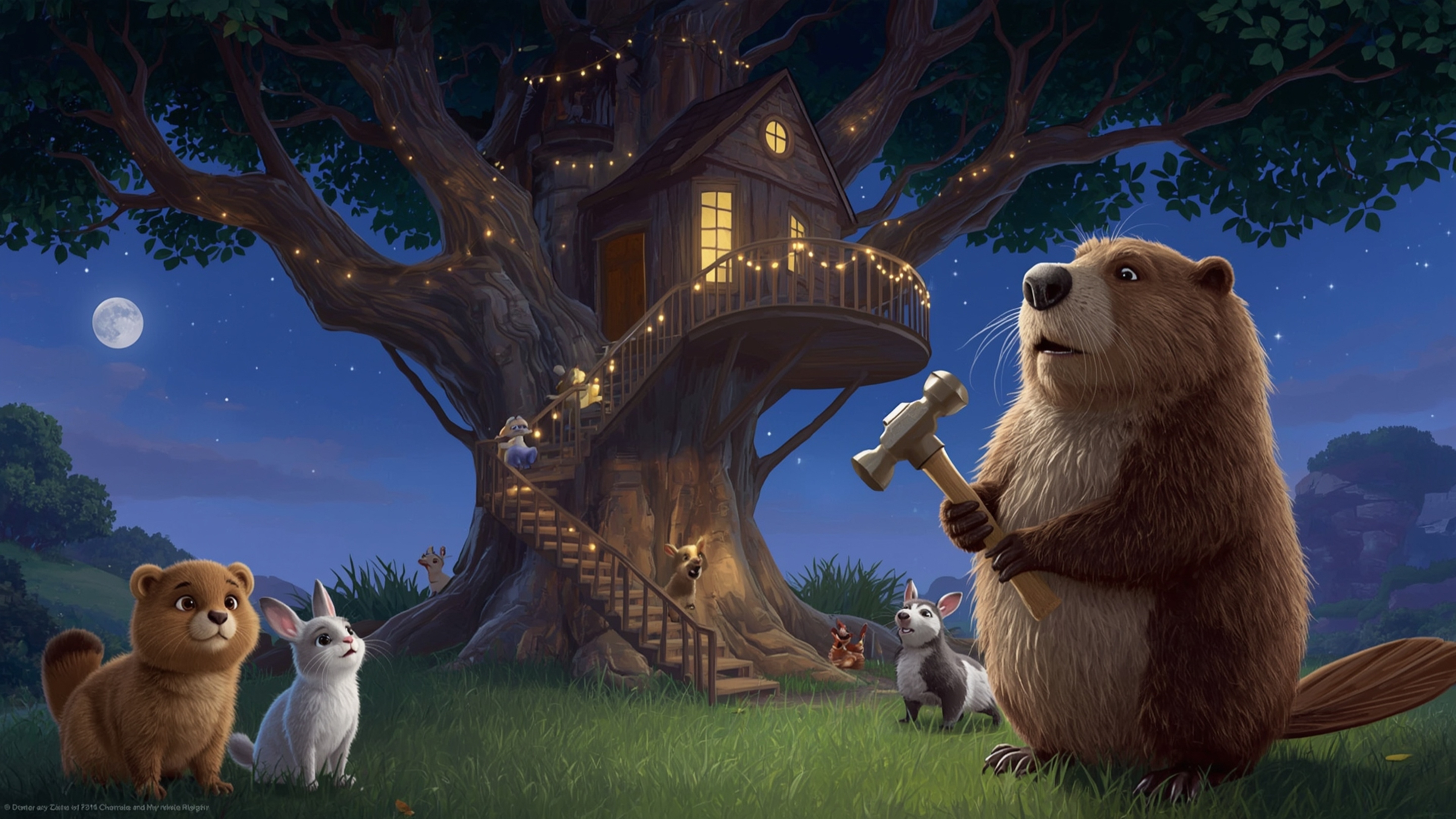 A high-resolution, commercially viable stock photo shows a kind beaver with shiny, dark brown fur holding a hammer, surrounde