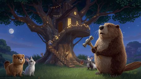 A high-resolution, commercially viable stock photo shows a kind beaver with shiny, dark brown fur holding a hammer, surrounde