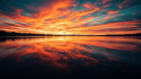 A captivating image showcases a tranquil lake mirroring the vibrant colors of a sunset sky.  The photograph features a striki