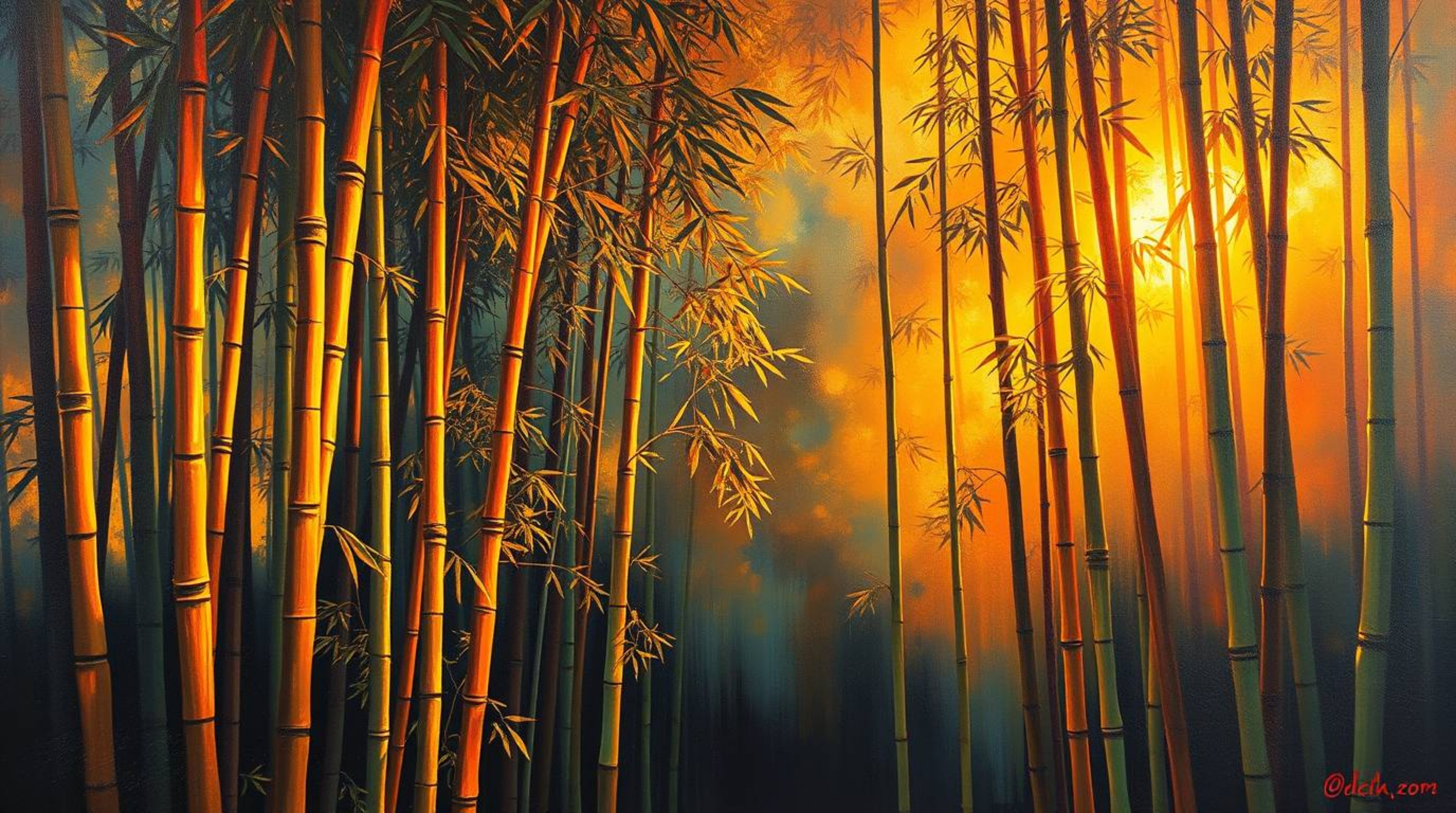 A captivating oil painting depicts a bamboo forest bathed in the warm glow of a sunset.  The artwork showcases glowing biolum