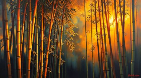 A captivating oil painting depicts a bamboo forest bathed in the warm glow of a sunset.  The artwork showcases glowing biolum