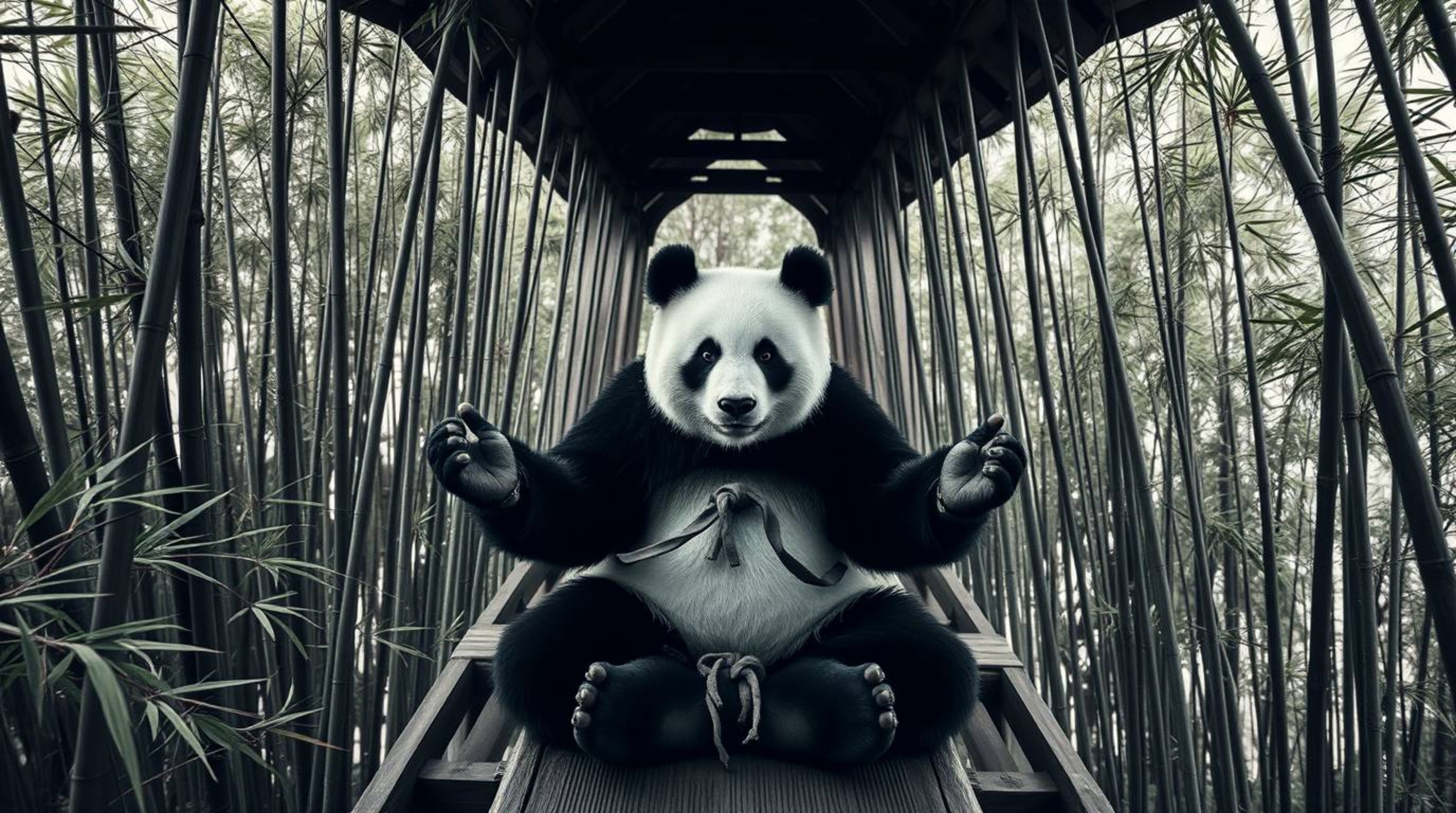 This architectural photograph captures the serene moment of a panda martial artist meditating within a lush bamboo forest. Th