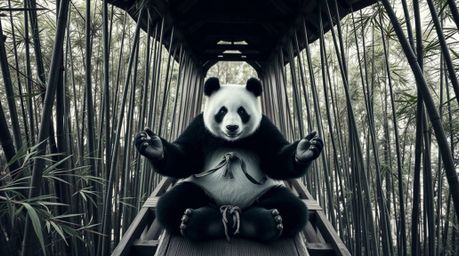 This architectural photograph captures the serene moment of a panda martial artist meditating within a lush bamboo forest. Th