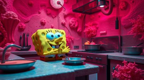 A captivating surreal scene unfolds in an underwater kitchen bathed in vibrant infrared tones.  A unique sponge character is 