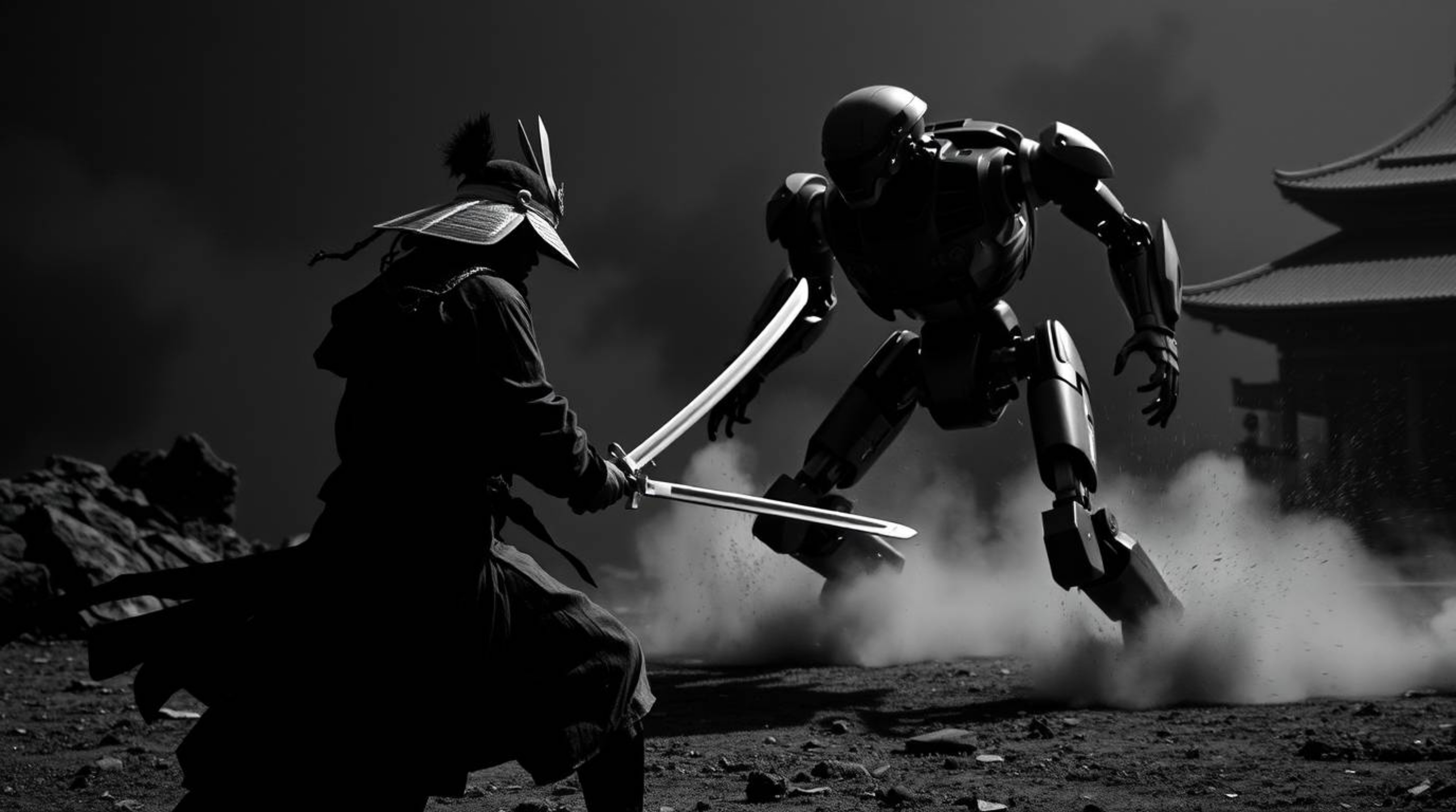 A classic black and white photograph capturing a dramatic battle between a samurai and a robot in a dystopian world. The high