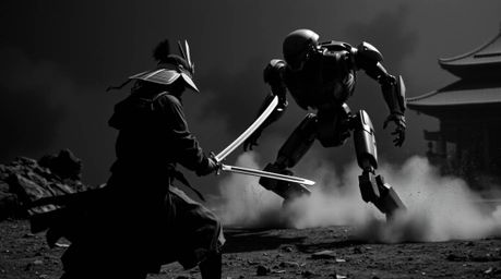 A classic black and white photograph capturing a dramatic battle between a samurai and a robot in a dystopian world. The high
