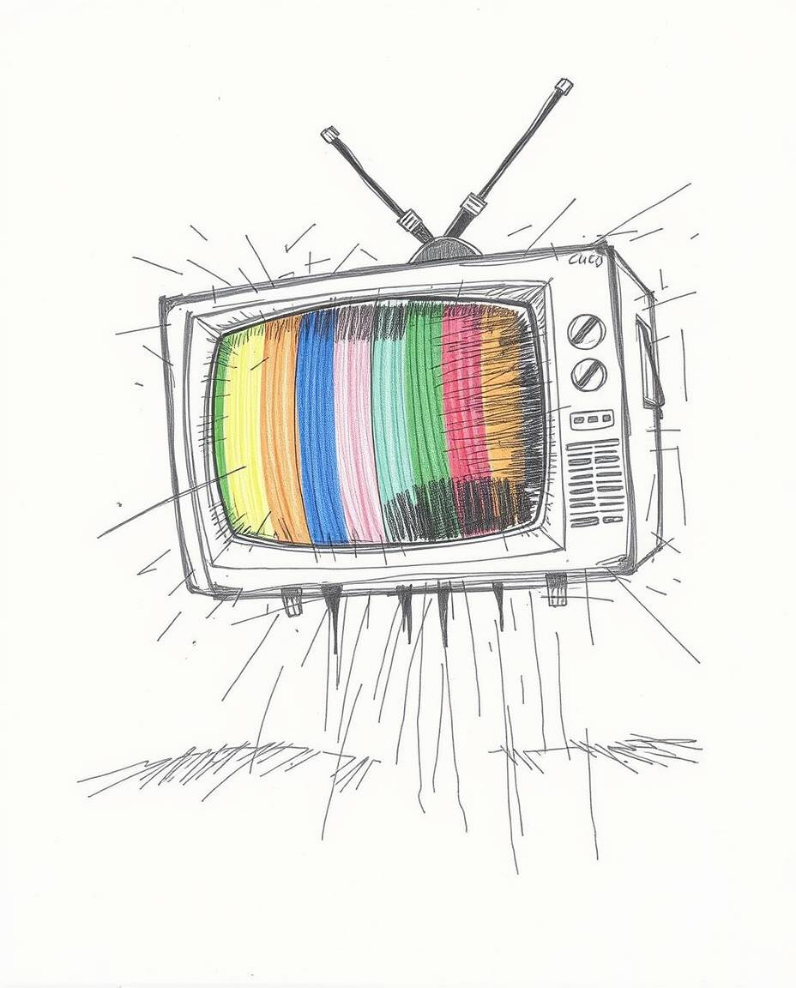 An intense, dramatic hand-drawn sketch depicting a stormy weather scene.  The artwork incorporates a striking TV screen glitc