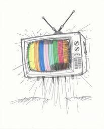 An intense, dramatic hand-drawn sketch depicting a stormy weather scene.  The artwork incorporates a striking TV screen glitc