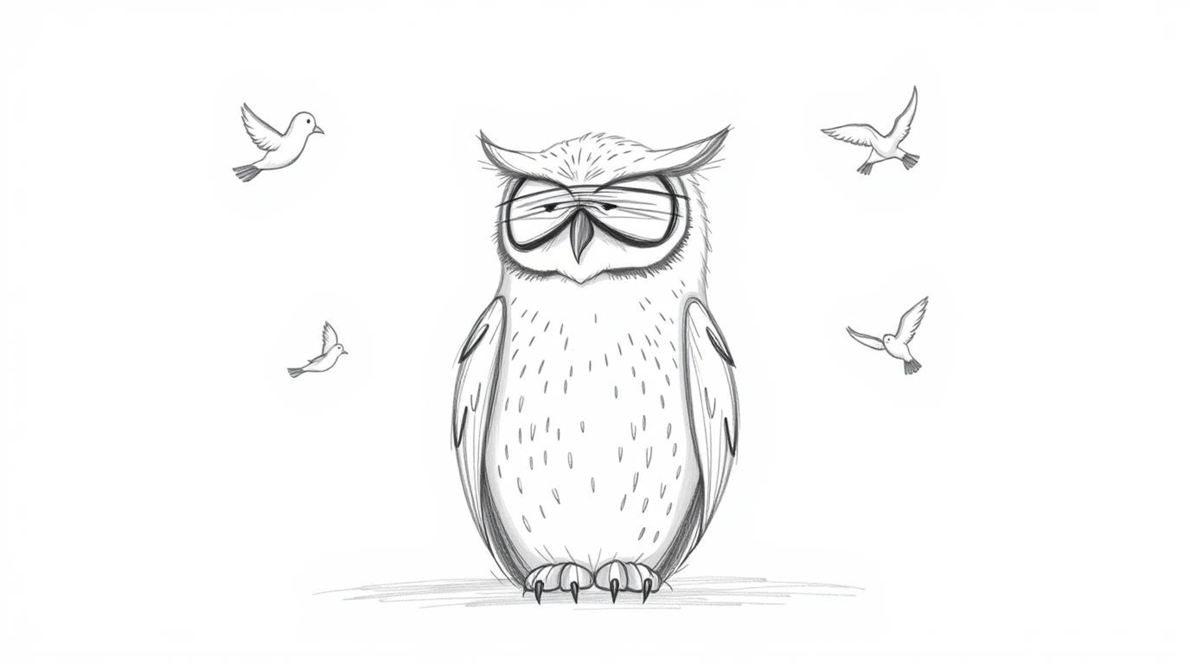 This hand-drawn Pixar-style sketch depicts a blind owl with soft, textured pencil strokes, calmly seated against a clean whit