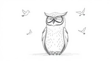 This hand-drawn Pixar-style sketch depicts a blind owl with soft, textured pencil strokes, calmly seated against a clean whit