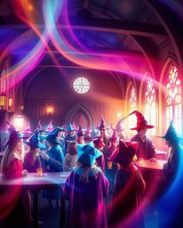 Explore a magical school brimming with young wizards, presented in a creative light art style. The artwork features smooth gr