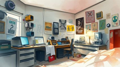 A delicate watercolor painting depicting an epic, modern future scene of a messy bedroom filled with weird gadgets and poster