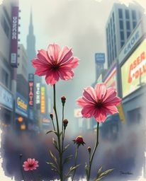 Explore the juxtaposition of delicate watercolor paintings depicting vibrant flowers blooming amidst the ruins of a post-apoc
