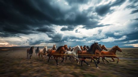 A breathtaking long-exposure photograph captures the raw energy of a herd of wild horses thundering across a landscape under 