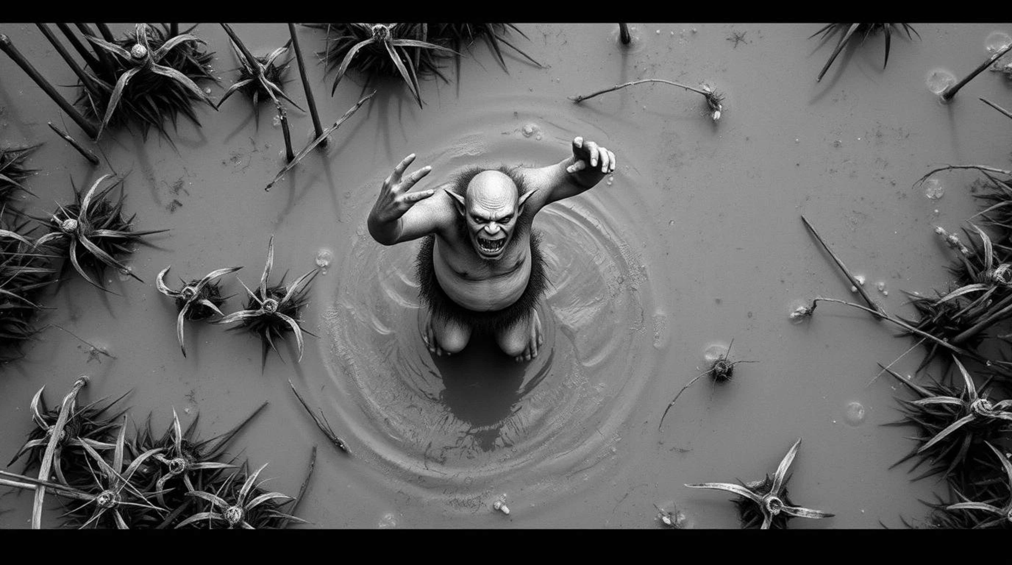 A timeless and elegant black and white photograph capturing an ogre dancing in a swamp from an overhead bird's-eye view. This