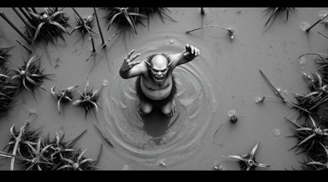 A timeless and elegant black and white photograph capturing an ogre dancing in a swamp from an overhead bird's-eye view. This