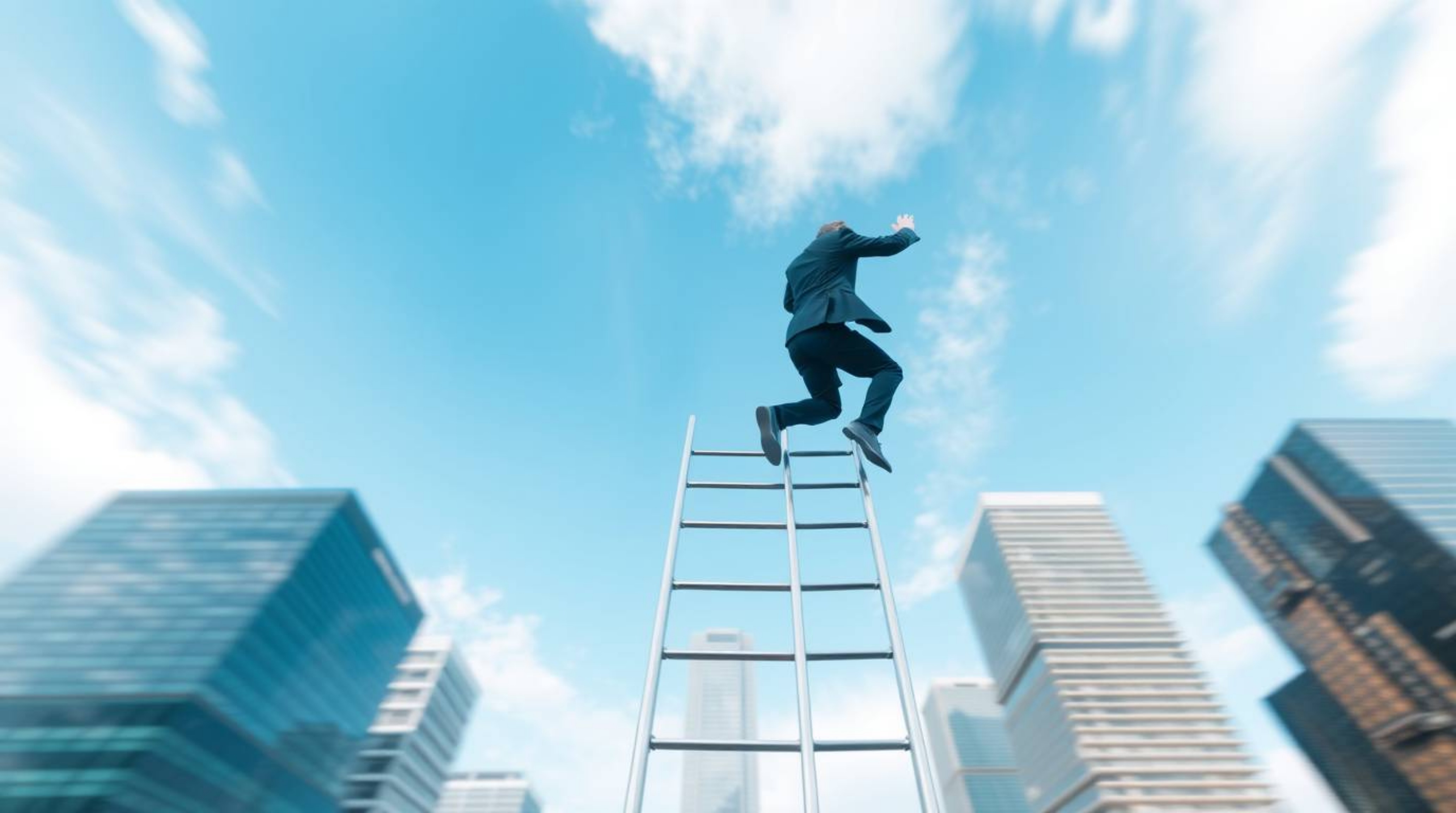 A dynamic image showcasing a businessman climbing a transparent ladder ascending into a vibrant blue sky above skyscrapers.  