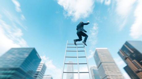 A dynamic image showcasing a businessman climbing a transparent ladder ascending into a vibrant blue sky above skyscrapers.  