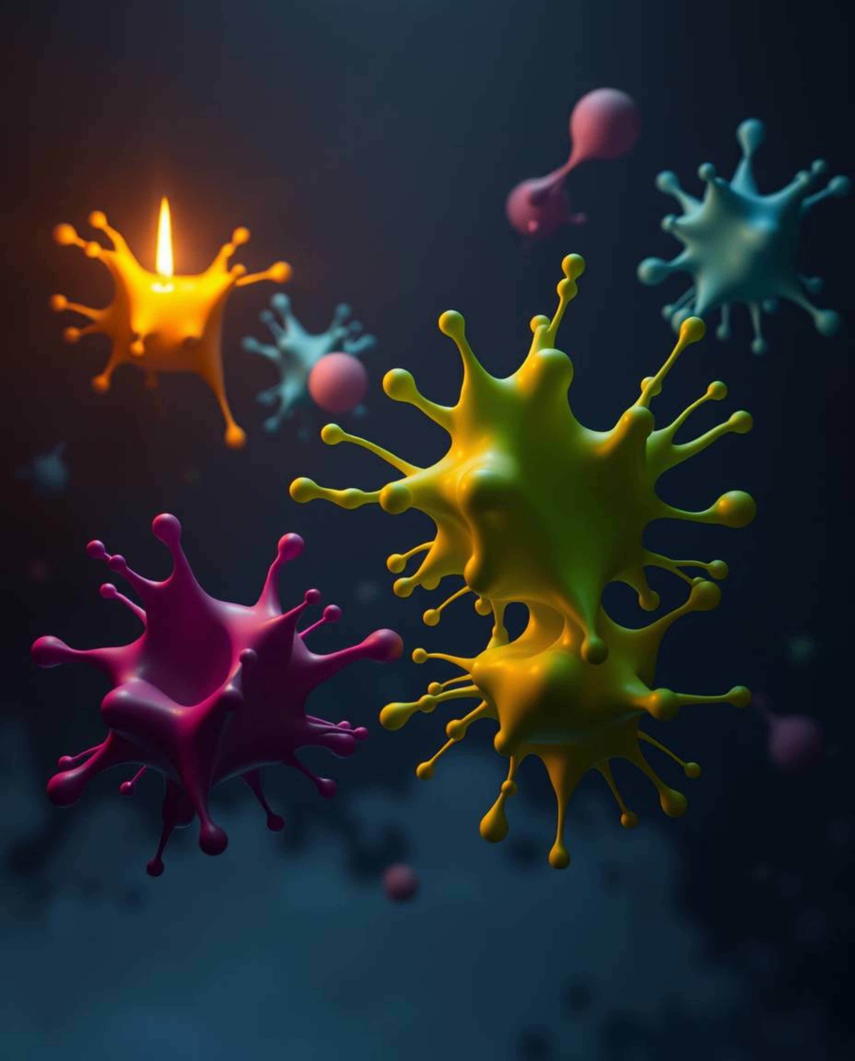 Experience the unsettling beauty of abstract 3D colorful splash shapes floating in a dark, eerie space.  Warm candlelight cas