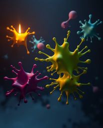 Experience the unsettling beauty of abstract 3D colorful splash shapes floating in a dark, eerie space.  Warm candlelight cas