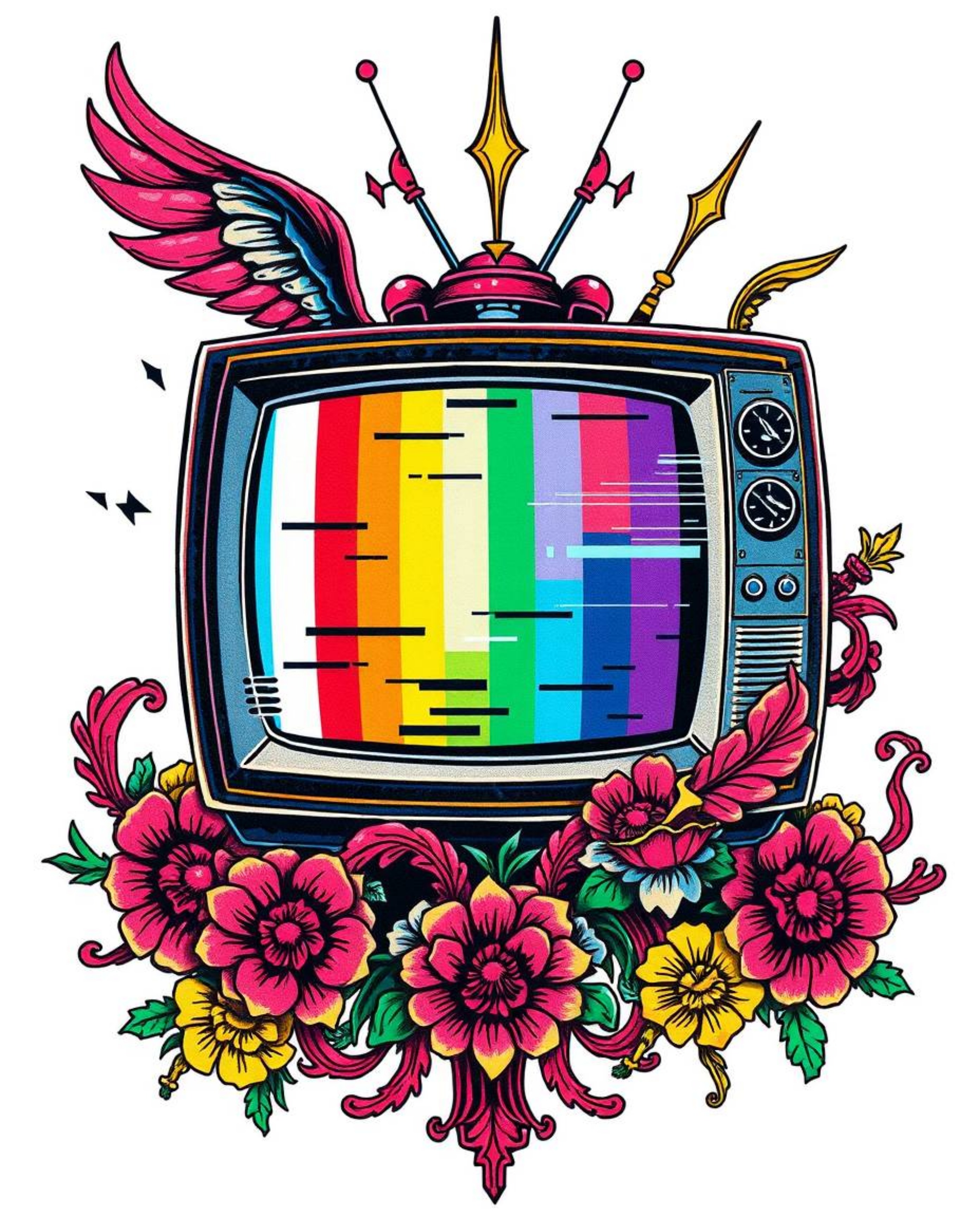 A vibrant, dynamic traditional tattoo-style art print featuring a retro TV screen glitch with RGB separation.  The design inc