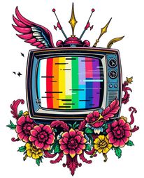 A vibrant, dynamic traditional tattoo-style art print featuring a retro TV screen glitch with RGB separation.  The design inc