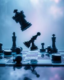 A captivating surreal image of a chessboard frozen mid-destruction, showcasing a soft, dreamy atmosphere.  The scene is bathe